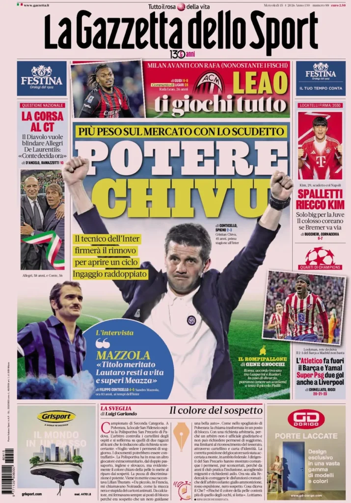 Le prime pagine dei principali quotidiani sportivi – 15 aprile 2026 29 la gazzetta dello sport 033630bfk5vo4