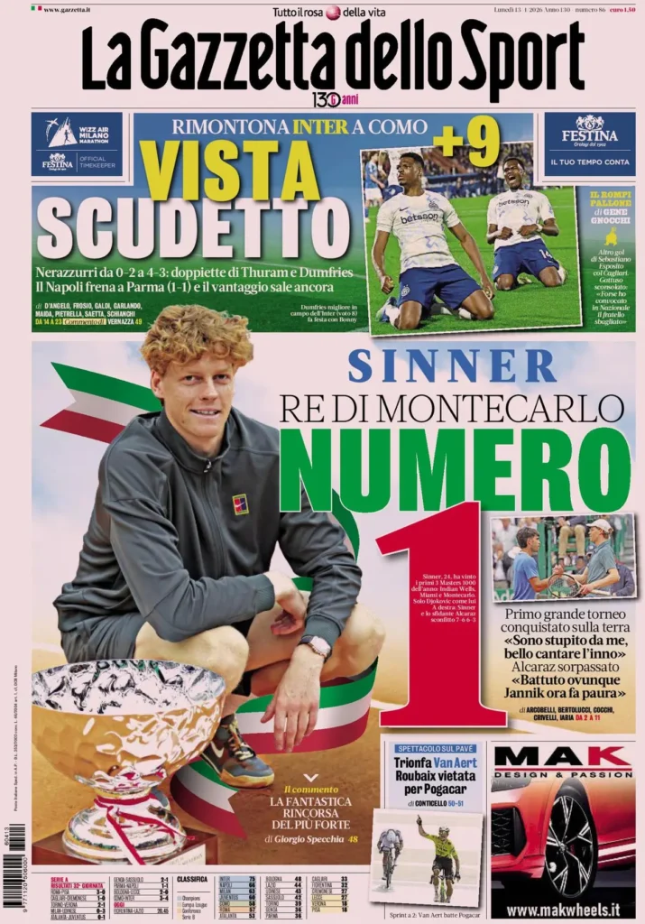 Le prime pagine dei principali quotidiani sportivi – 13 aprile 2026 29 la gazzetta dello sport 05375143bb5gg