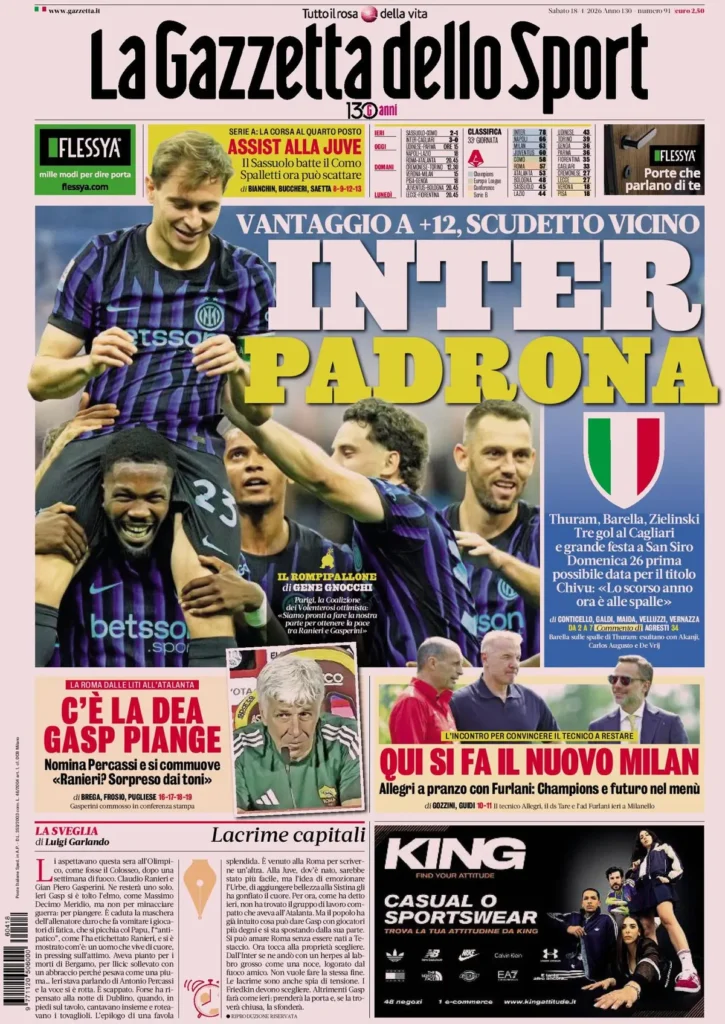 Le prime pagine dei principali quotidiani sportivi – 18 aprile 27 la gazzetta dello sport 0633415dudkpv