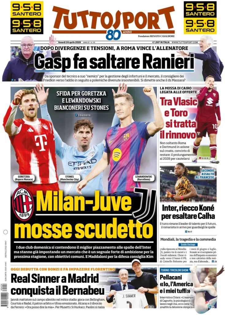 Le prime pagine dei principali quotidiani sportivi – 24 aprile 29 tuttosport 021634mzwcopi
