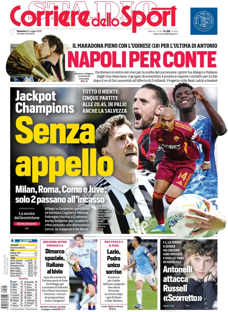 Le prime pagine dei principali quotidiani sportivi – 24 maggio 27 corriere dello sport 020302t20ha2k