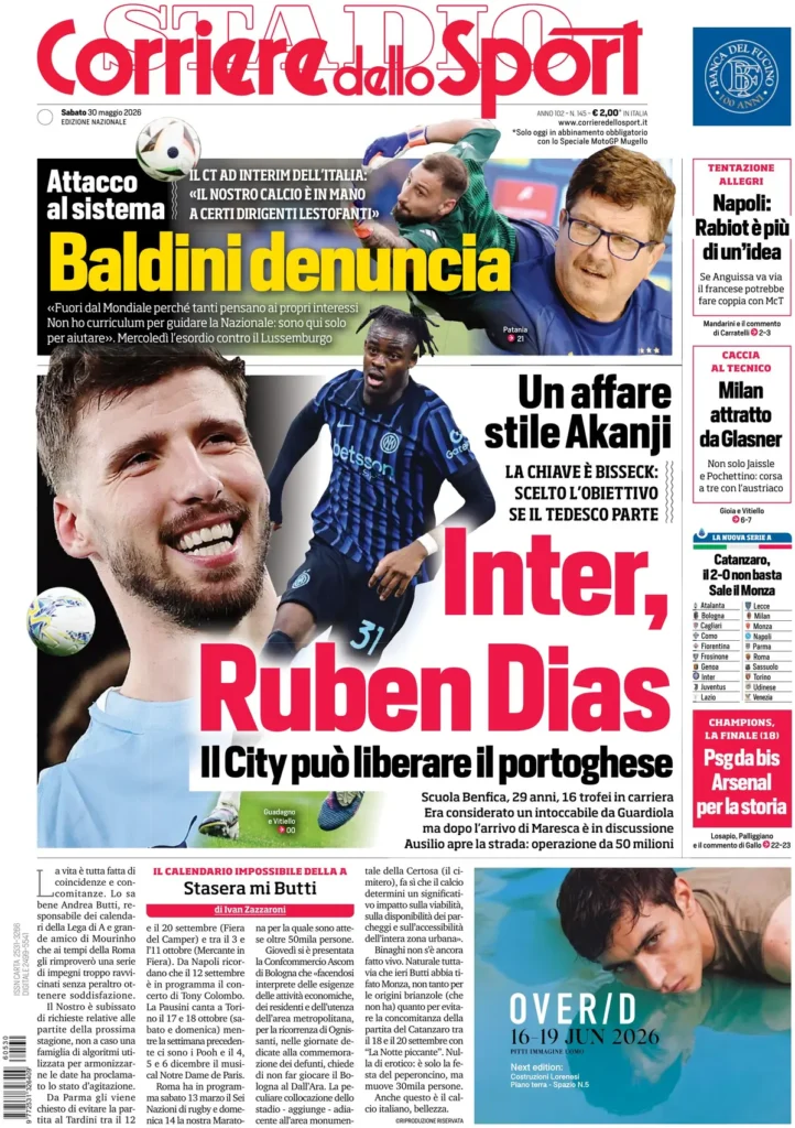 Le prime pagine dei principali quotidiani sportivi – 30 maggio 28 corriere dello sport 021049flobq85