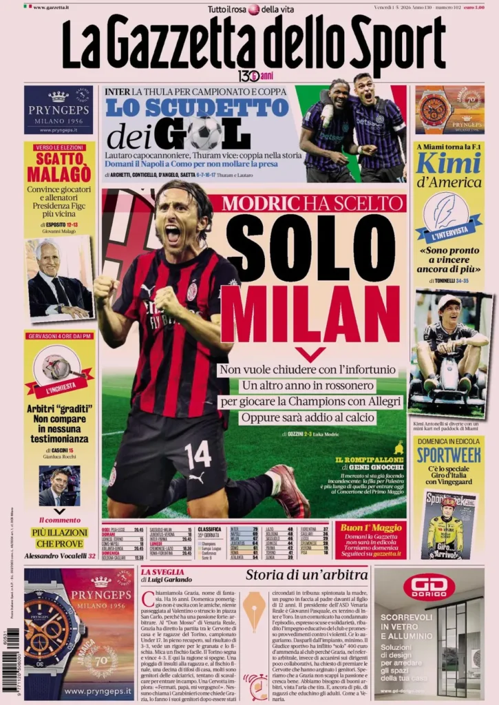 Le prime pagine dei principali quotidiani sportivi – 1 maggio 2026 29 la gazzetta dello sport 031632jtta7jd