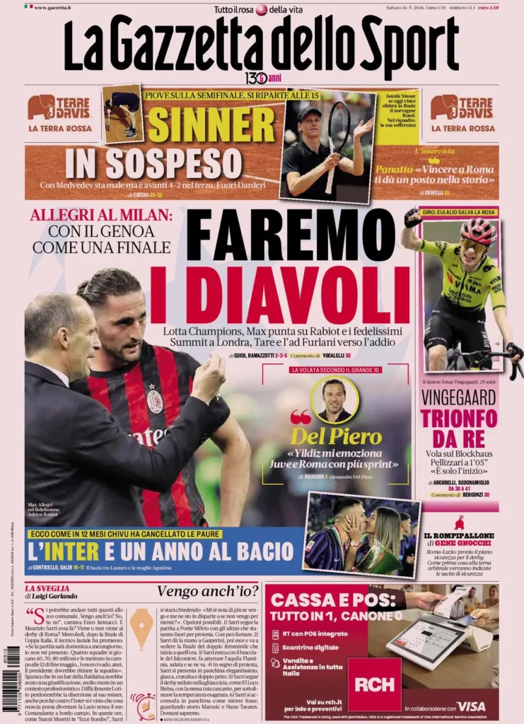 Le prime pagine dei principali quotidiani sportivi – 16 maggio 29 la gazzetta dello sport 034827afn13ke