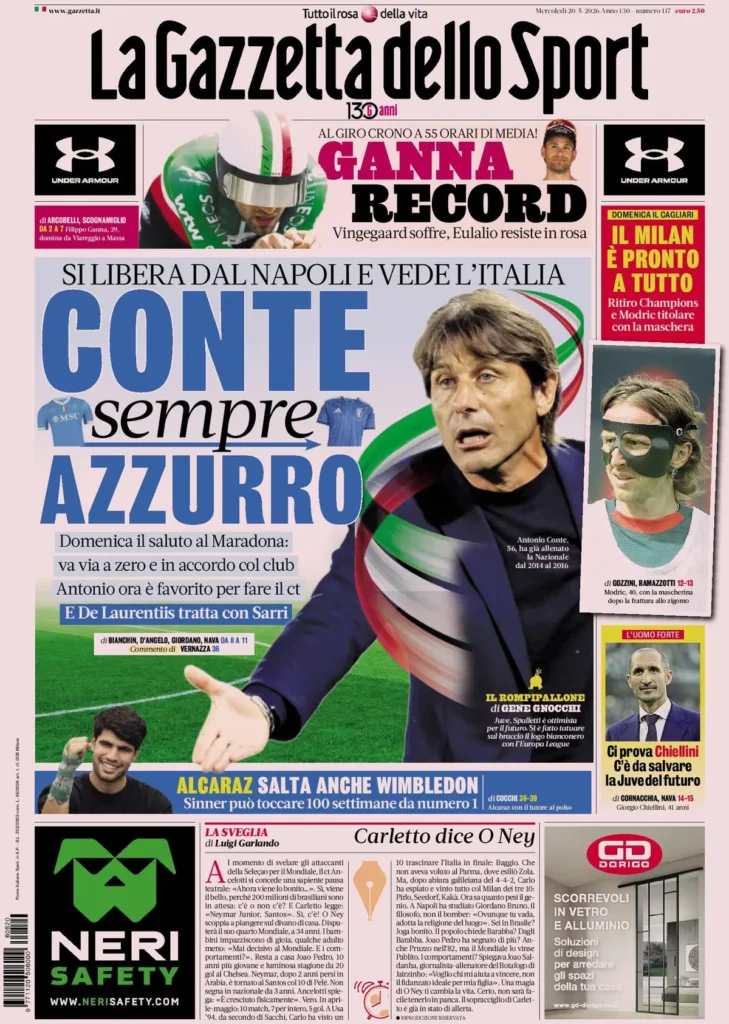 Le prime pagine dei principali quotidiani sportivi – 20 maggio 26 la gazzetta dello sport 040302js4efw5