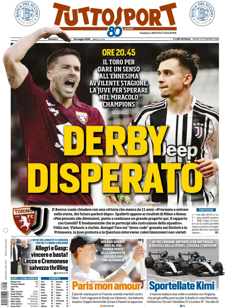 Le prime pagine dei principali quotidiani sportivi – 24 maggio 26 tuttosport 0202384ie1dms