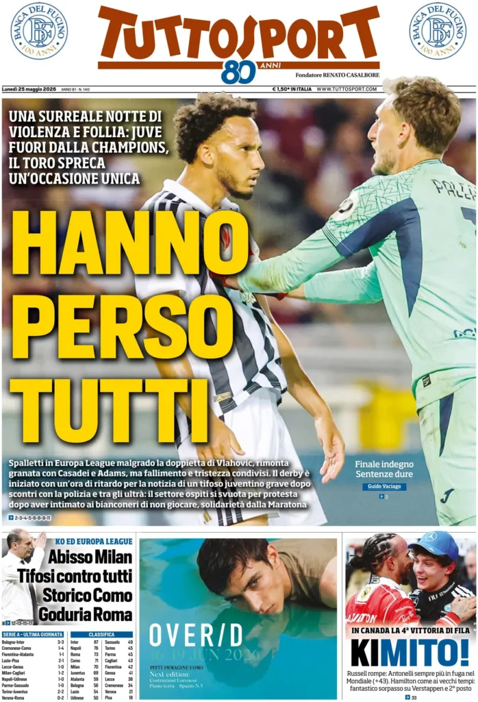 Le prime pagine dei principali quotidiani sportivi – 25 maggio 26 tuttosport 020302ncd1atb