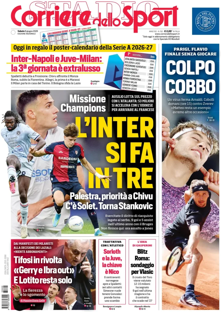 Le prime pagine dei principali quotidiani sportivi – 6 giugno 28 corriere dello sport 020307qj32l3p