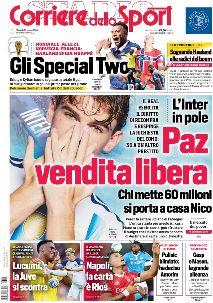 Le prime pagine dei principali quotidiani sportivi – 26 giugno 28 corriere dello sport 022221wkx6w2f