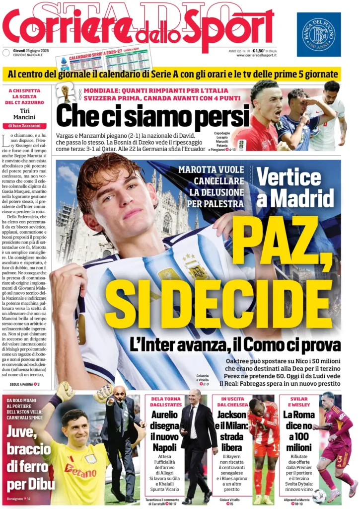 Rassegna stampa Sampdoria: prime pagine quotidiani sportivi - 25 giugno 2026 28 corriere dello sport 0232214ji4in3
