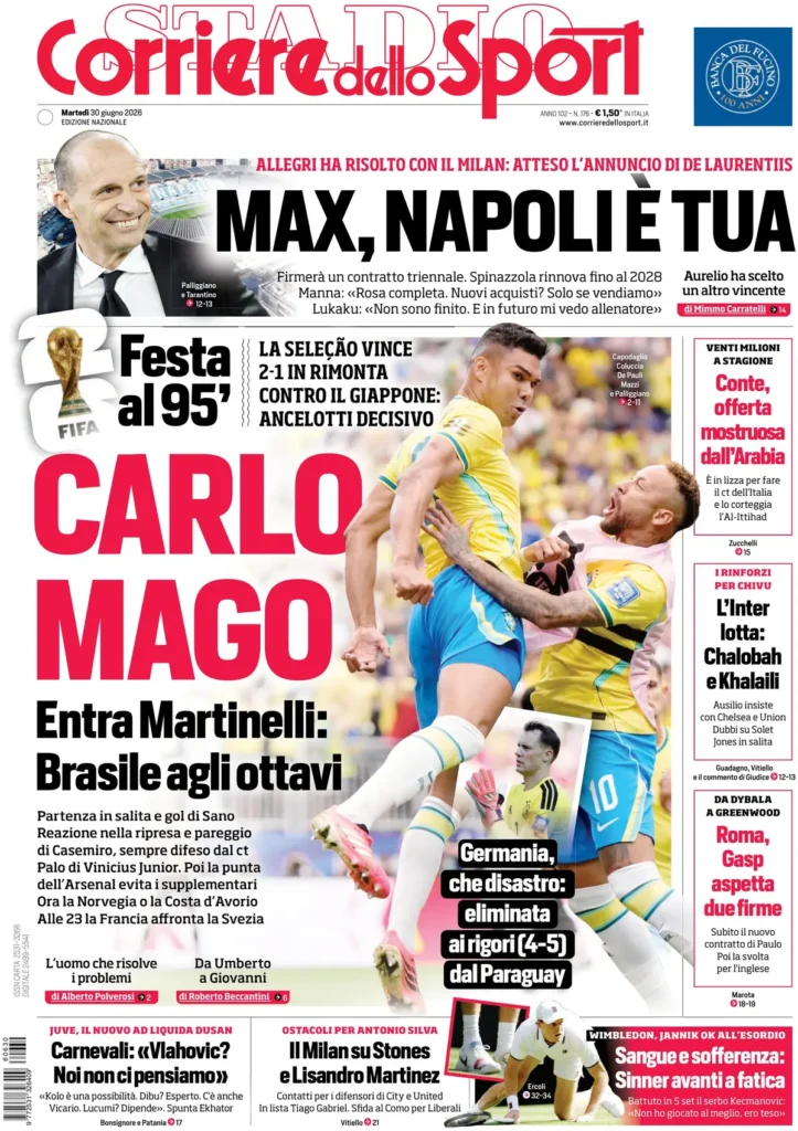 Le prime pagine dei principali quotidiani sportivi – 30 giugno 28 corriere dello sport 023735gfo4xpn