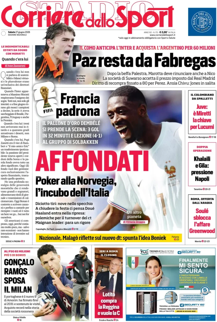 Le prime pagine dei principali quotidiani sportivi – 27 giugno 28 corriere dello sport 025234iqkc31e