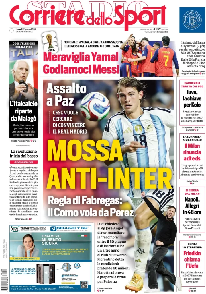 Le prime pagine dei principali quotidiani sportivi – 22 giugno 28 corriere dello sport 06235754o5q7x