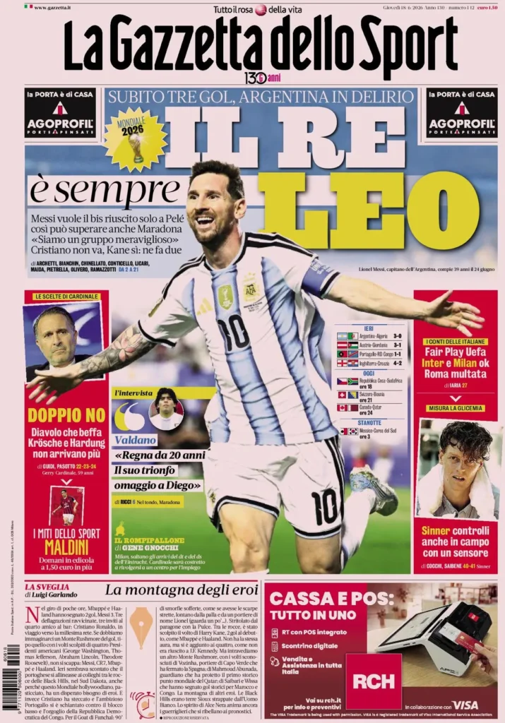 Le prime pagine dei principali quotidiani sportivi – 18 giugno 29 la gazzetta dello sport 033154dq64g72
