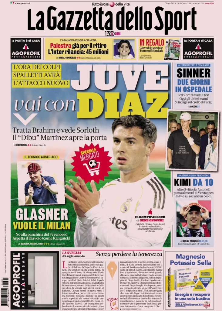 Le prime pagine dei principali quotidiani sportivi – 9 giugno 27 la gazzetta dello sport 033302ygc8a8i