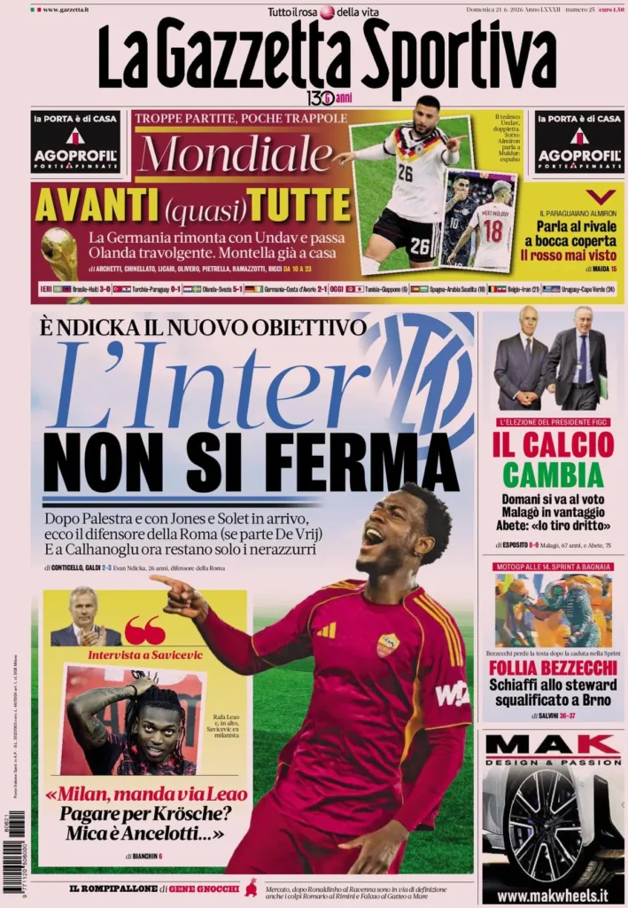 Rassegna stampa Sampdoria: prime pagine quotidiani sportivi - 21 giugno 2026 29 la gazzetta dello sport 033303tceaqyt