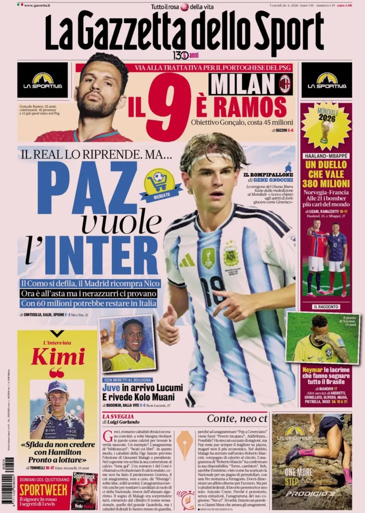 Le prime pagine dei principali quotidiani sportivi – 26 giugno 27 la gazzetta dello sport 033303xyobxyq
