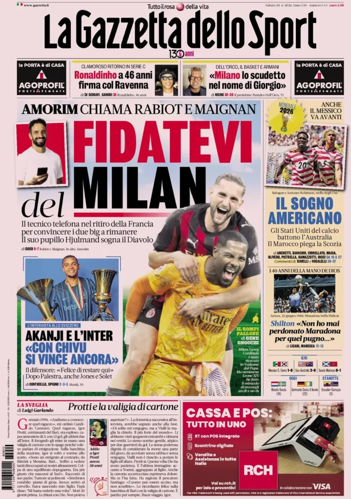 Le prime pagine dei principali quotidiani sportivi – 20 giugno 27 la gazzetta dello sport 0334409no6g0s