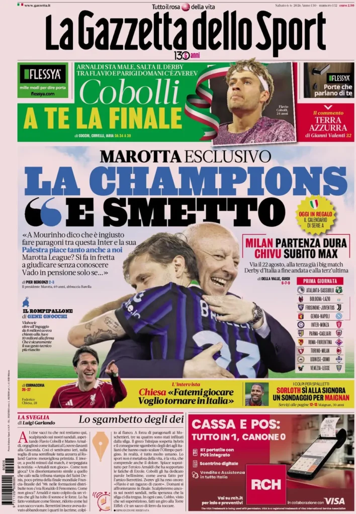 Le prime pagine dei principali quotidiani sportivi – 6 giugno 29 la gazzetta dello sport 0338026ml2xb1