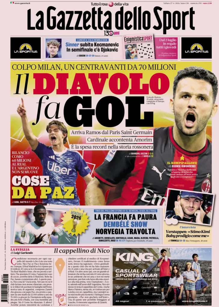 Le prime pagine dei principali quotidiani sportivi – 27 giugno 29 la gazzetta dello sport 0339225xx2xxd