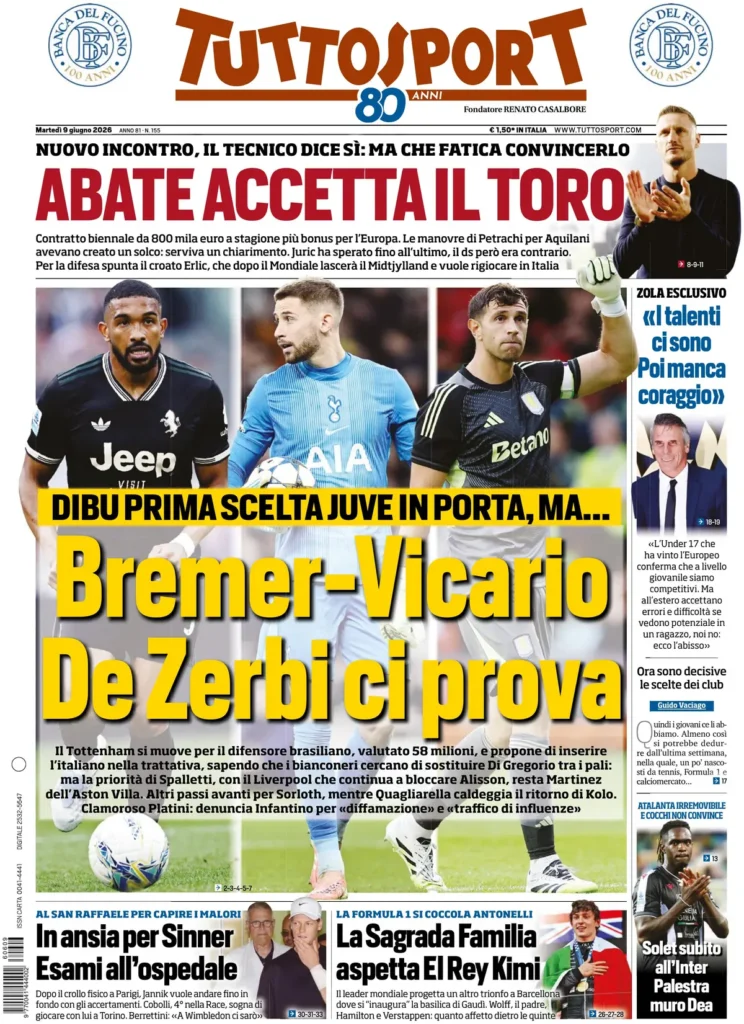 Le prime pagine dei principali quotidiani sportivi – 9 giugno 28 tuttosport 020302sy59p26