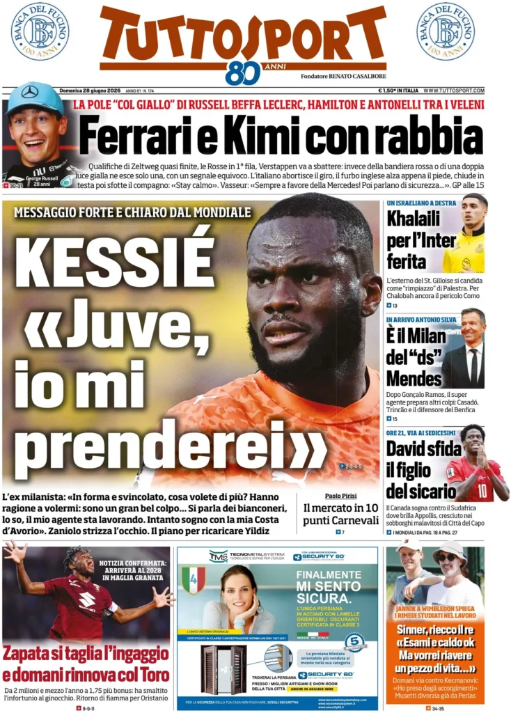 Le prime pagine dei principali quotidiani sportivi – 28 giugno 27 tuttosport 02041390qephb