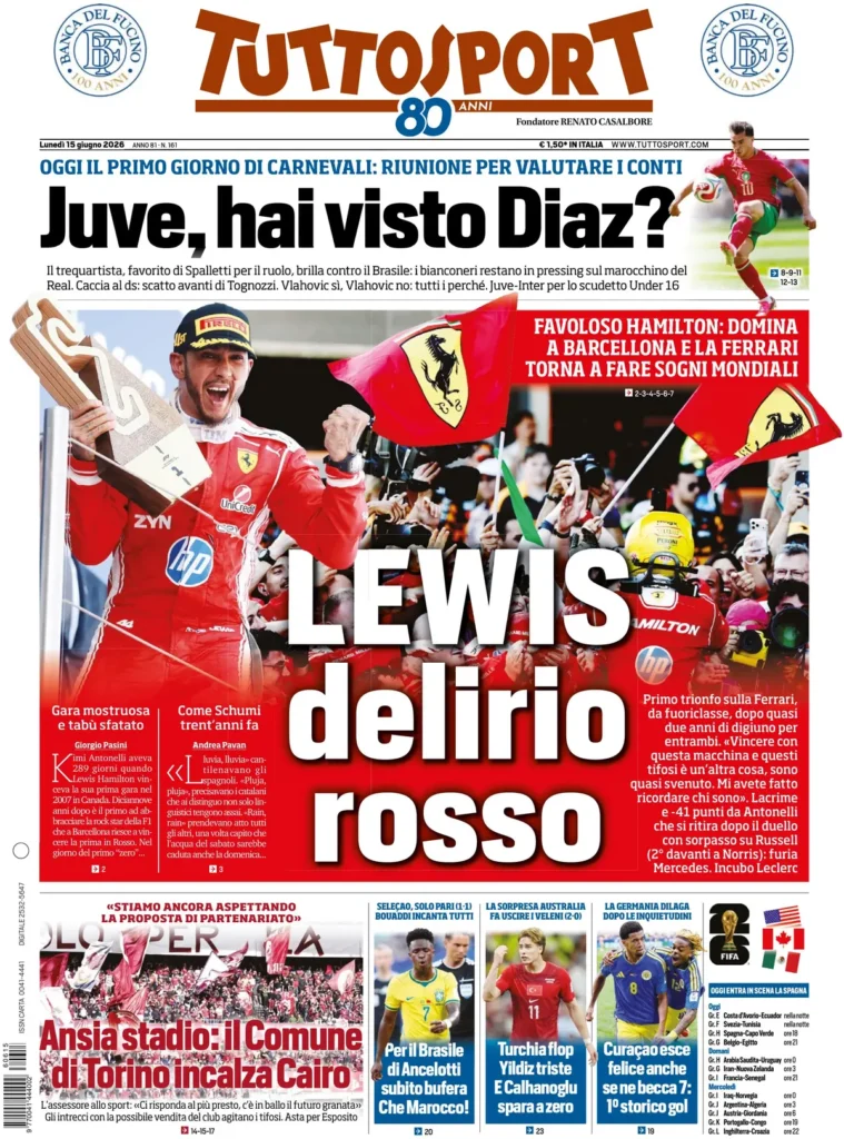 Le prime pagine dei principali quotidiani sportivi – 15 giugno 27 tuttosport 020700b887m7v