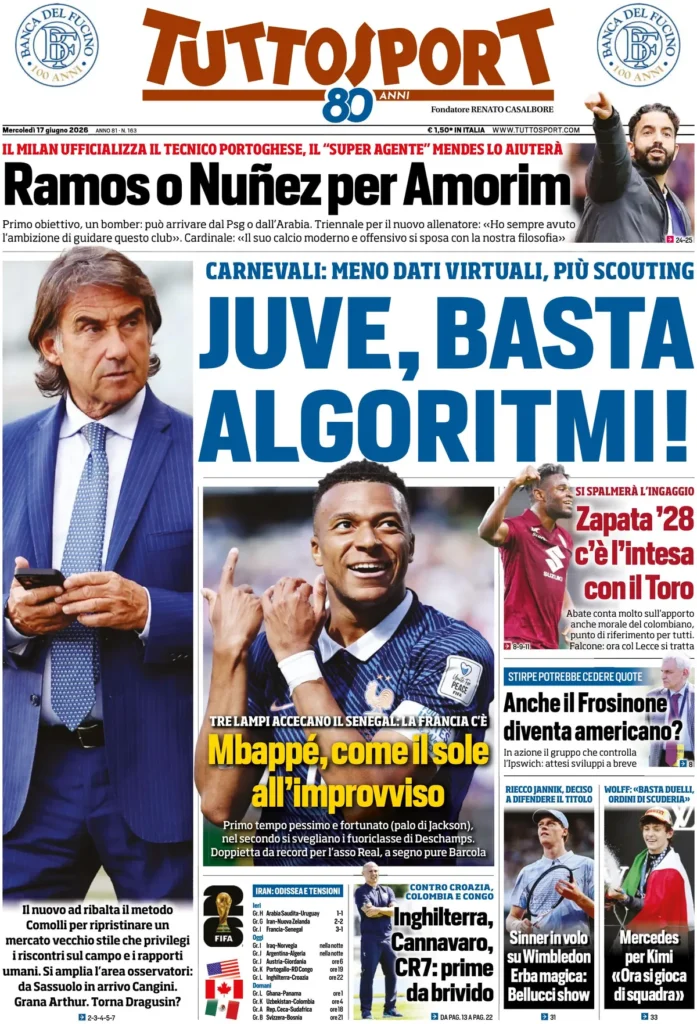 Le prime pagine dei principali quotidiani sportivi – 17 giugno 27 tuttosport 021142jys9ls4