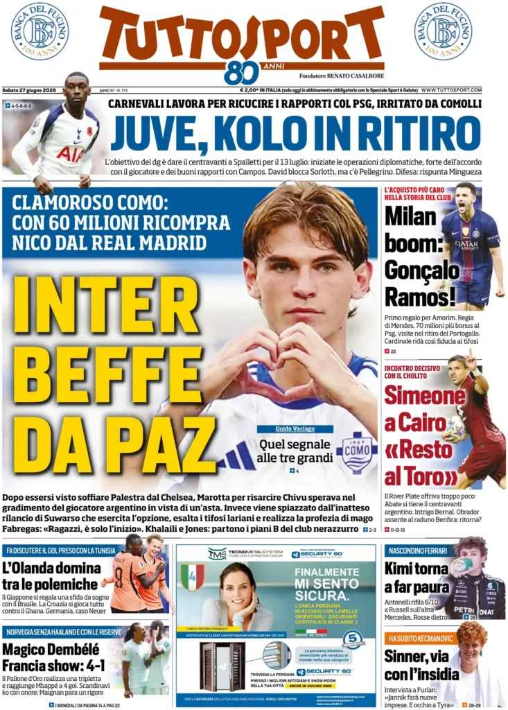 Le prime pagine dei principali quotidiani sportivi – 27 giugno 27 tuttosport 02514516e52xe