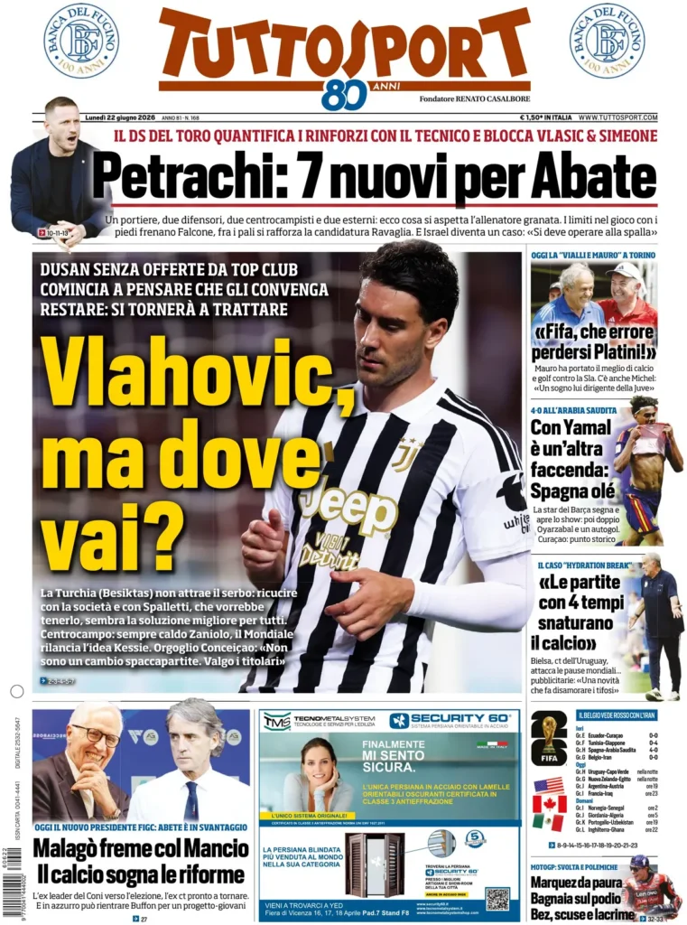 Le prime pagine dei principali quotidiani sportivi – 22 giugno 27 tuttosport 062443apnaojf