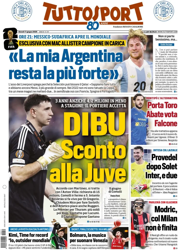 Le prime pagine dei principali quotidiani sportivi – 11 giugno 29 tuttosport 0741199re9ve4
