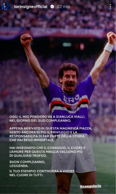 Insigne omaggia Vialli: «Hai reso immortale questa storia. Mi sento privilegiato ad essere alla Sampdoria» 27 Insigne Vialli