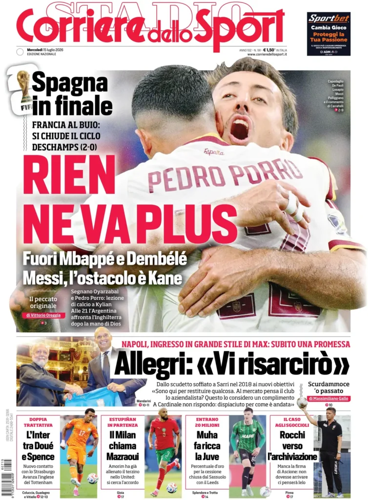 Le prime pagine dei principali quotidiani sportivi – 15 luglio 28 corriere dello sport 022104vip979k