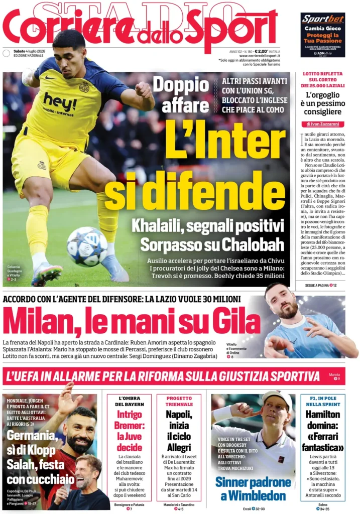 Le prime pagine dei principali quotidiani sportivi – 4 luglio 28 corriere dello sport 022221rcp9yao