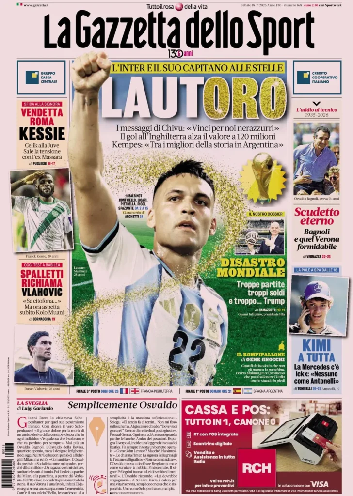 Le prime pagine dei principali quotidiani sportivi – 18 luglio 27 la gazzetta dello sport 033302vcy2801