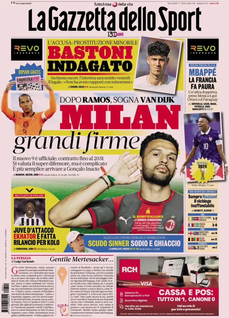Rassegna stampa Sampdoria: prime pagine quotidiani sportivi - 1° luglio 2026 29 la gazzetta dello sport 033303unnbi1b