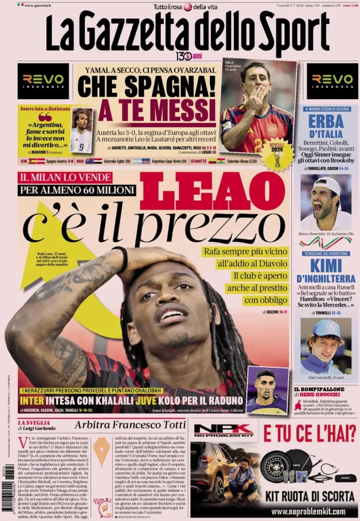 Le prime pagine dei principali quotidiani sportivi – 3 luglio 29 la gazzetta dello sport 033841cwv9lqq