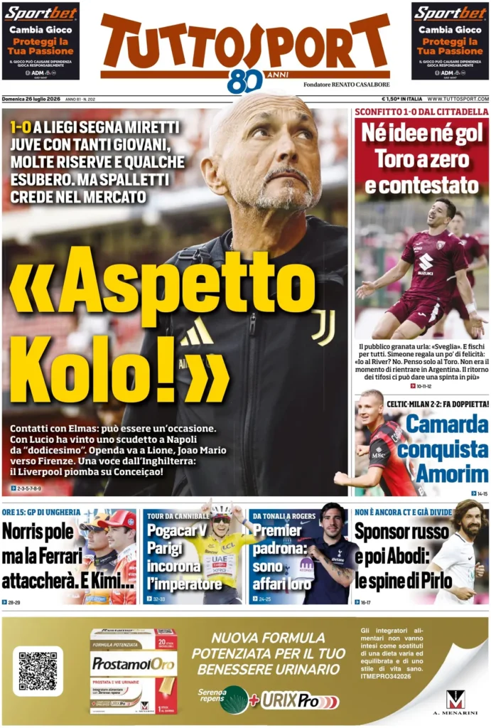 Le prime pagine dei principali quotidiani sportivi – 26 luglio 29 tuttosport 020339kmtaf6q
