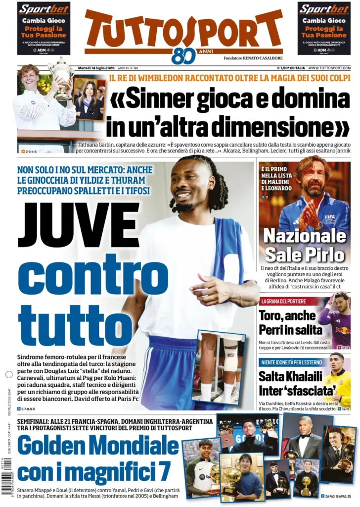 Le prime pagine dei principali quotidiani sportivi – 14 luglio 27 tuttosport 020809hw57jfp