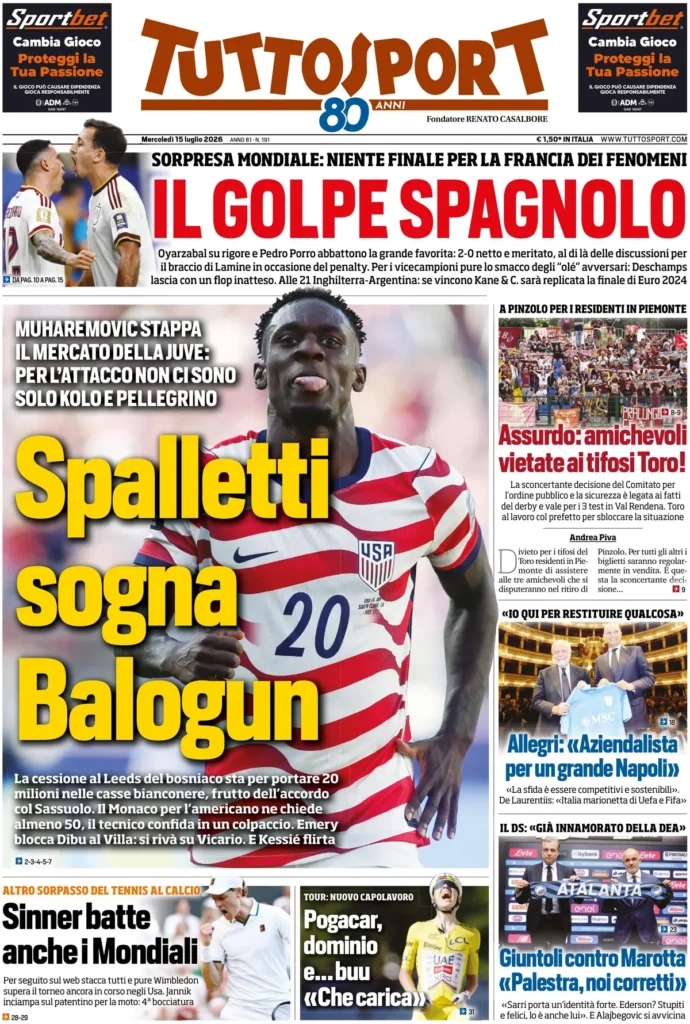 Le prime pagine dei principali quotidiani sportivi – 15 luglio 27 tuttosport 022035fwf7368