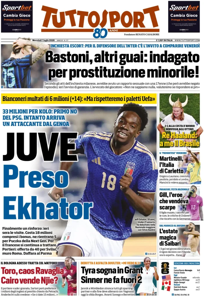 Rassegna stampa Sampdoria: prime pagine quotidiani sportivi - 1° luglio 2026 27 tuttosport 0225144r9b4ns
