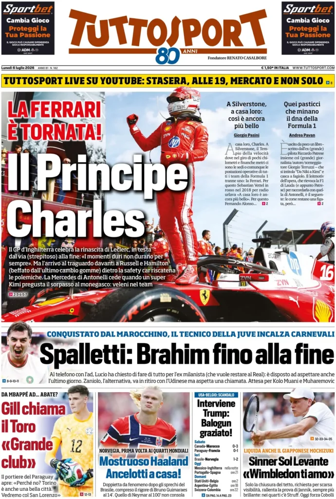 Le prime pagine dei principali quotidiani sportivi – 6 luglio 27 tuttosport 064001omb1pbt