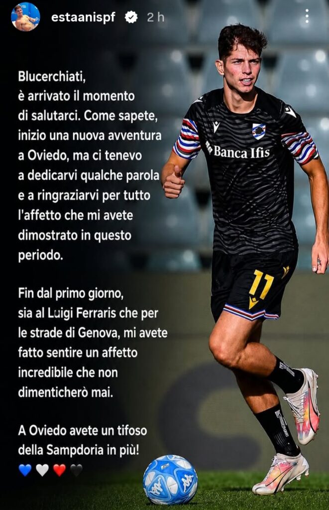 Pedrola saluta la Sampdoria: «Sappiate che a Oviedo avete un tifoso blucerchiato in più!» 27 Pedrola