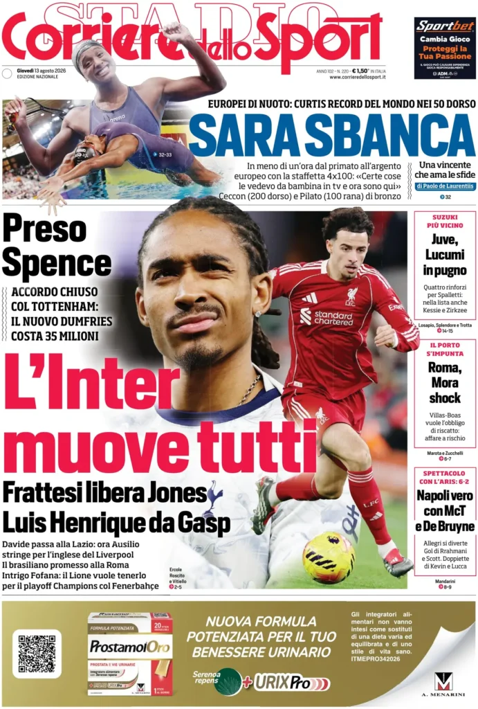 Le prime pagine dei principali quotidiani sportivi – 13 agosto 28 corriere dello sport 02030646k38z6