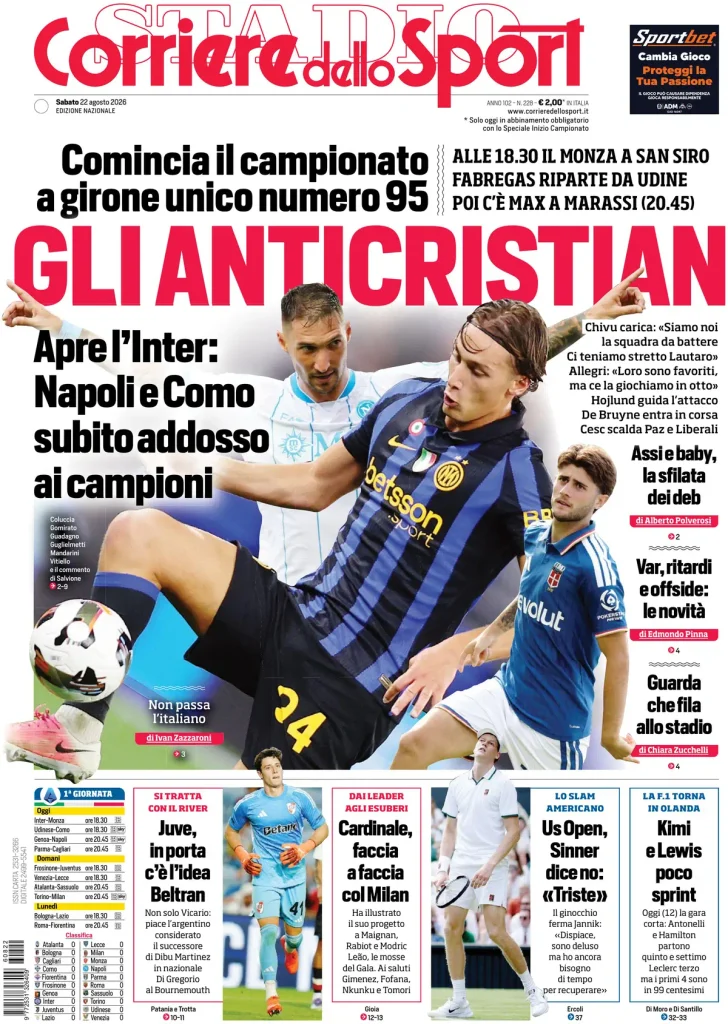 Le prime pagine dei principali quotidiani sportivi – 22 agosto 28 corriere dello sport 020308nezb2my