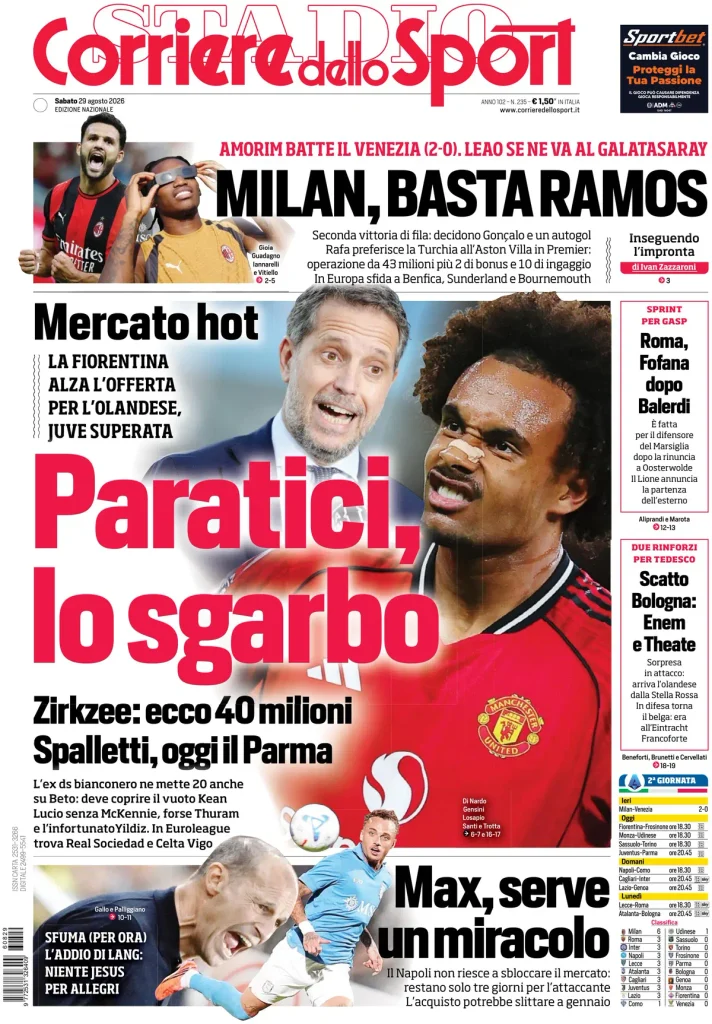 Le prime pagine dei principali quotidiani sportivi – 29 agosto 28 corriere dello sport 0203091ko5abh
