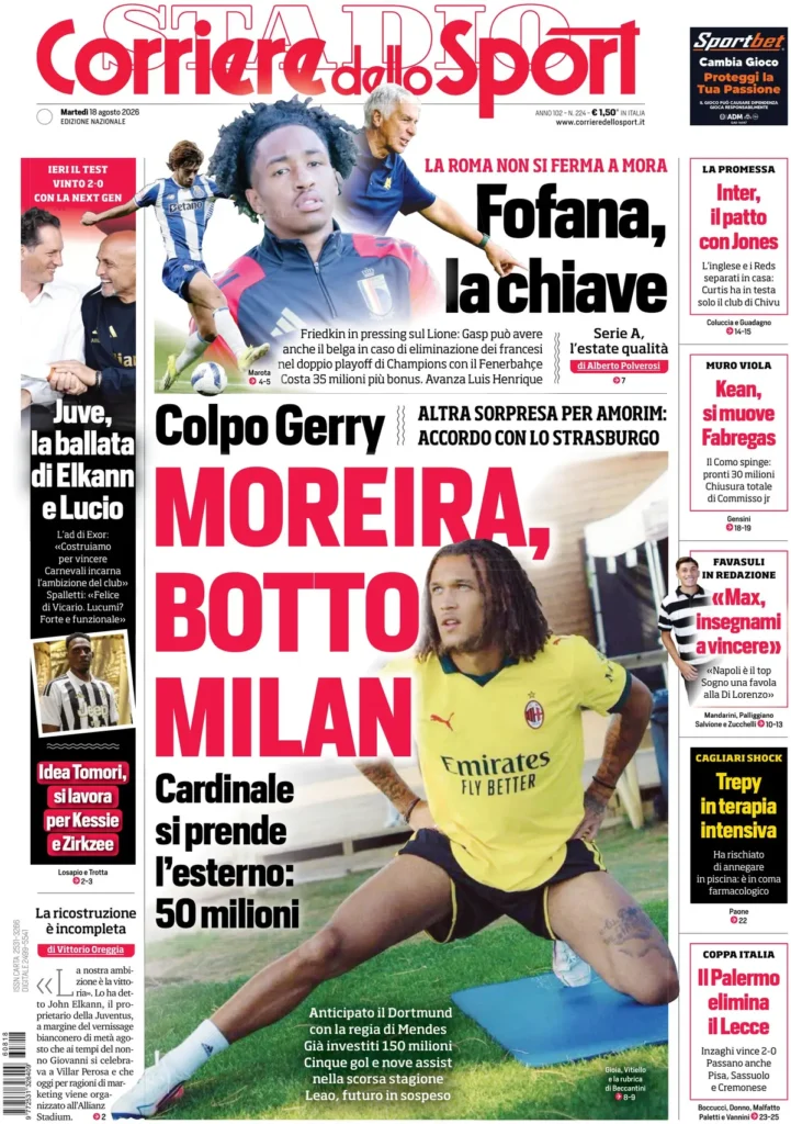 Rassegna stampa Sampdoria: prime pagine quotidiani sportivi - 18 agosto 2026 28 corriere dello sport 020320xal370a