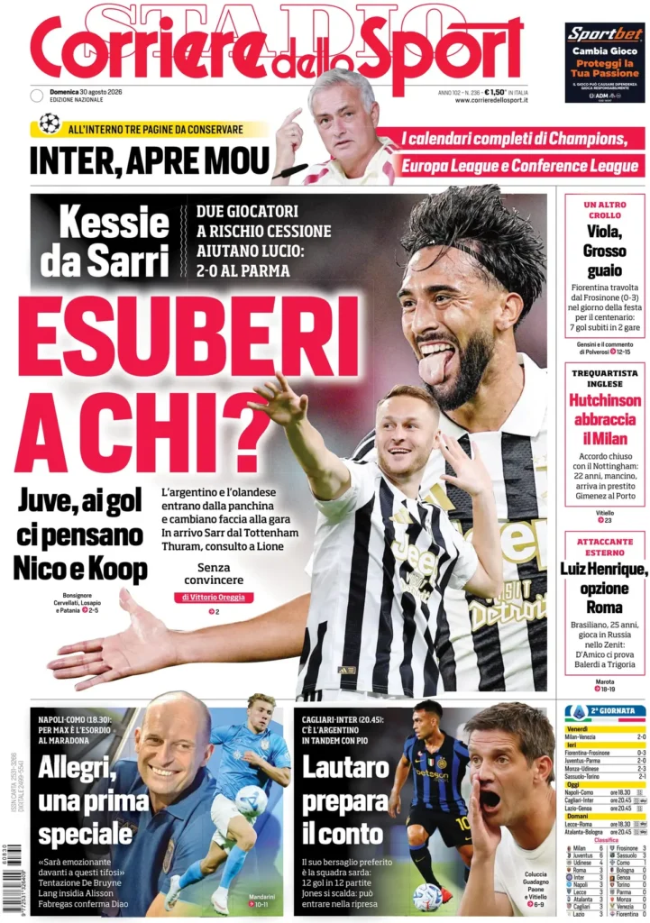 Le prime pagine dei principali quotidiani sportivi – 30 agosto 27 corriere dello sport 020341m9u6t91