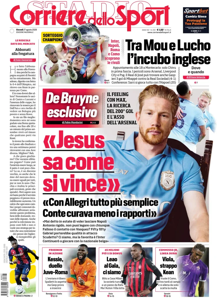 Le prime pagine dei principali quotidiani sportivi – 27 agosto 28 corriere dello sport 020744g42au2q