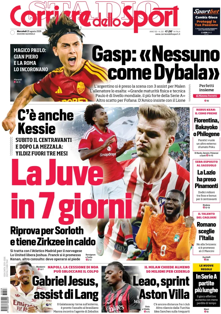 Le prime pagine dei principali quotidiani sportivi – 26 agosto 28 corriere dello sport 02094151kesnj
